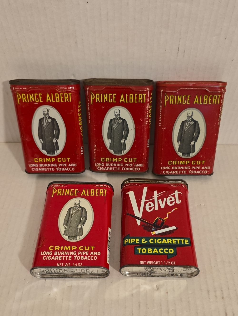 Set of 4 Vintage Prince Albert and 1 Velvet Pocket Tins